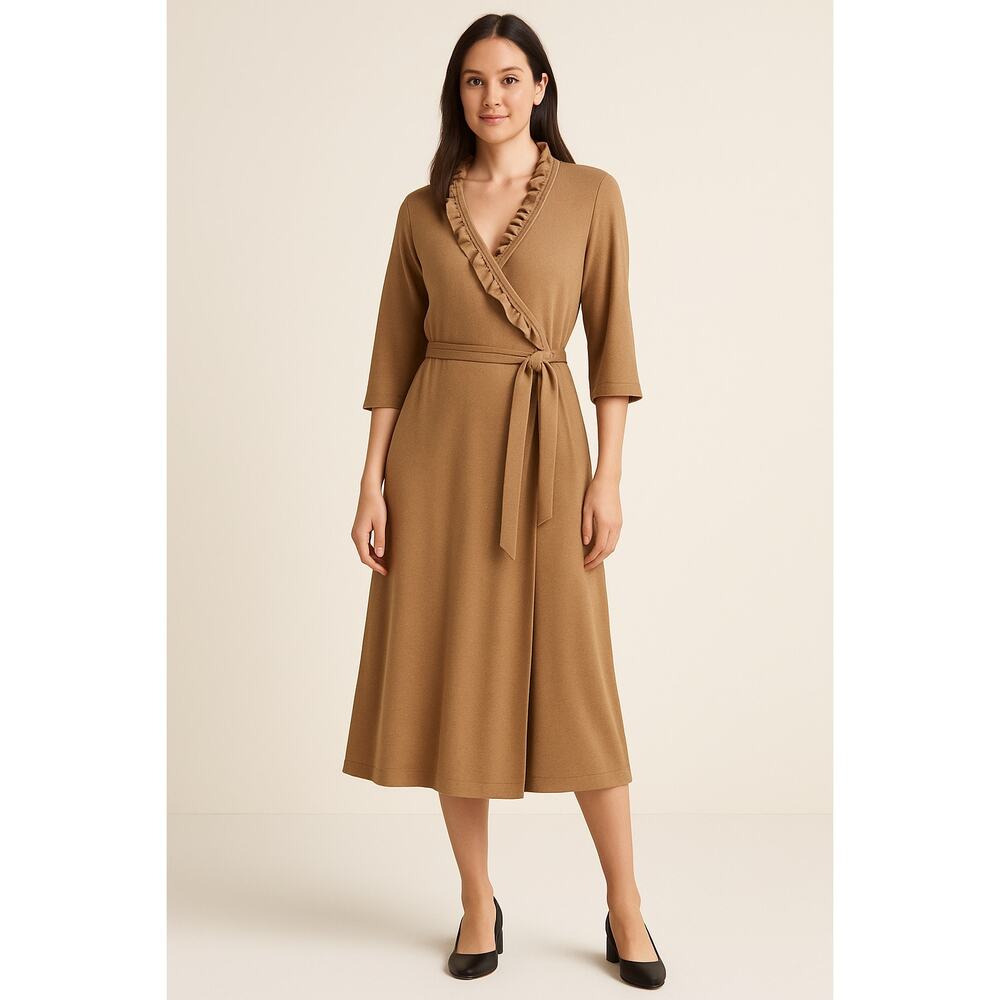 Banana Republic Camel Wool Long Sleeve Ruffle Faux Wrap Midi Dress Size Large